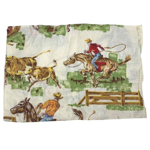 Set of Two 1950-60s Cowboy Western Rodeo Pillow Cases Fabric Horse Steer w/ Flaw - Picture 3 of 9